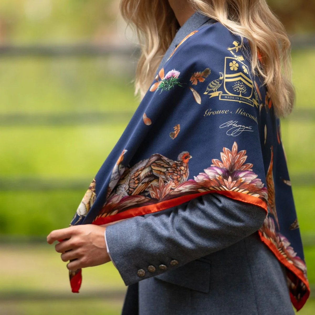 Clare Haggas Grouse Misconduct Large Square Silk Scarf - Navy & Seville Orange - Image 2