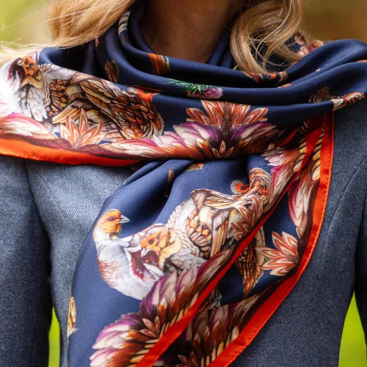 Clare Haggas Grouse Misconduct Large Square Silk Scarf - Navy & Seville Orange - Image 3