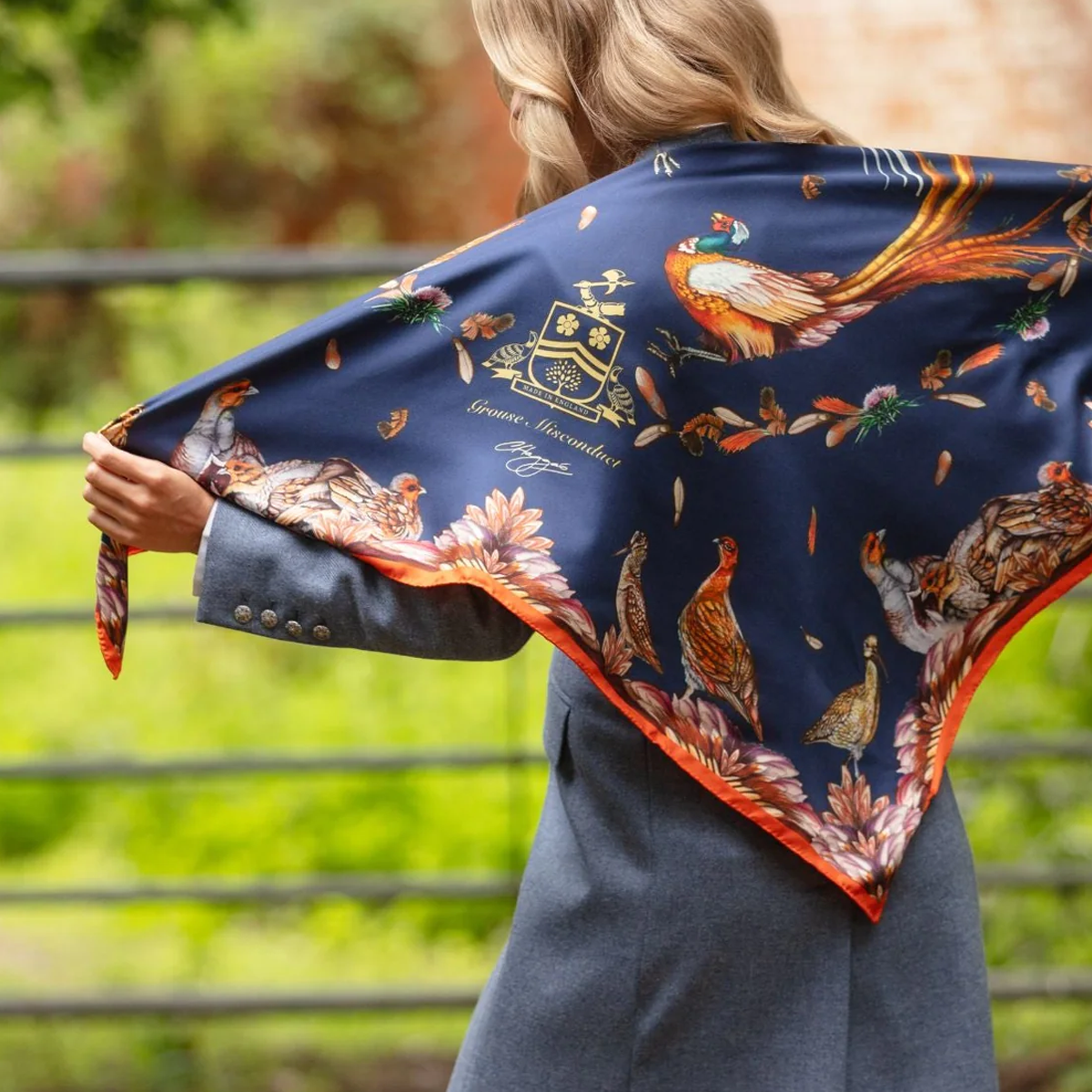Clare Haggas Grouse Misconduct Large Square Silk Scarf - Navy & Seville Orange - Image 4
