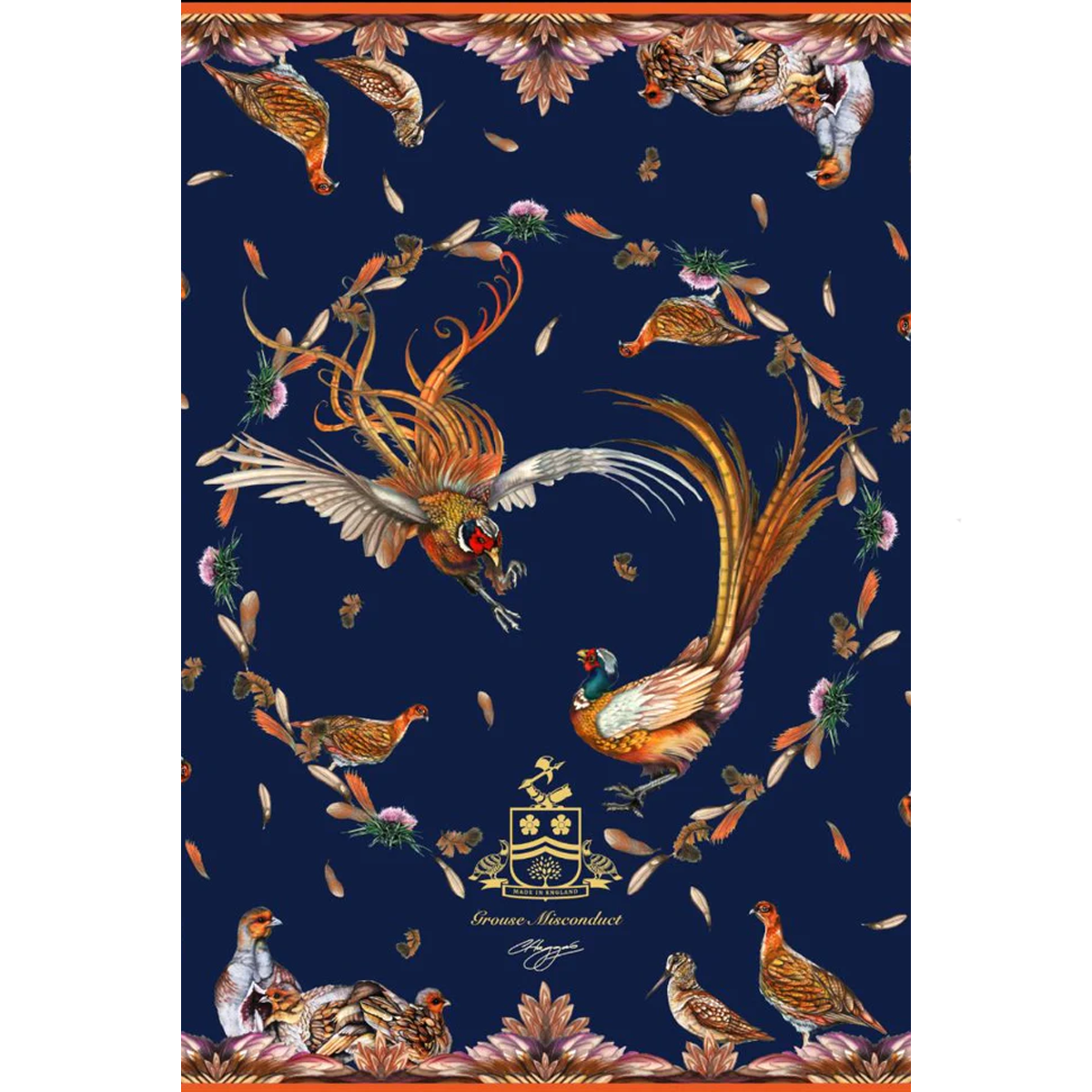 Clare Haggas Grouse Misconduct Large Square Silk Scarf - Navy & Seville Orange - Image 5