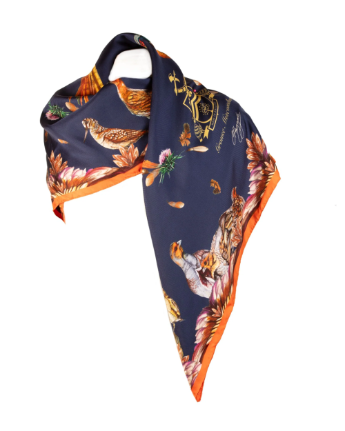 Clare Haggas Grouse Misconduct Large Square Silk Scarf - Navy & Seville Orange