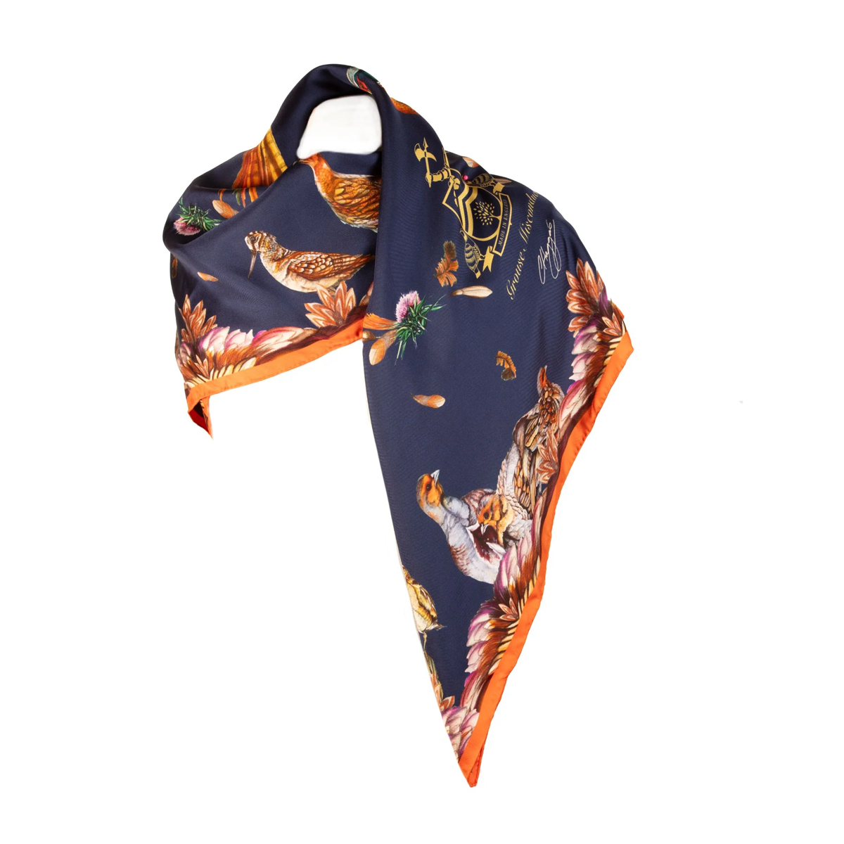Clare Haggas Grouse Misconduct Large Square Silk Scarf - Navy & Seville Orange
