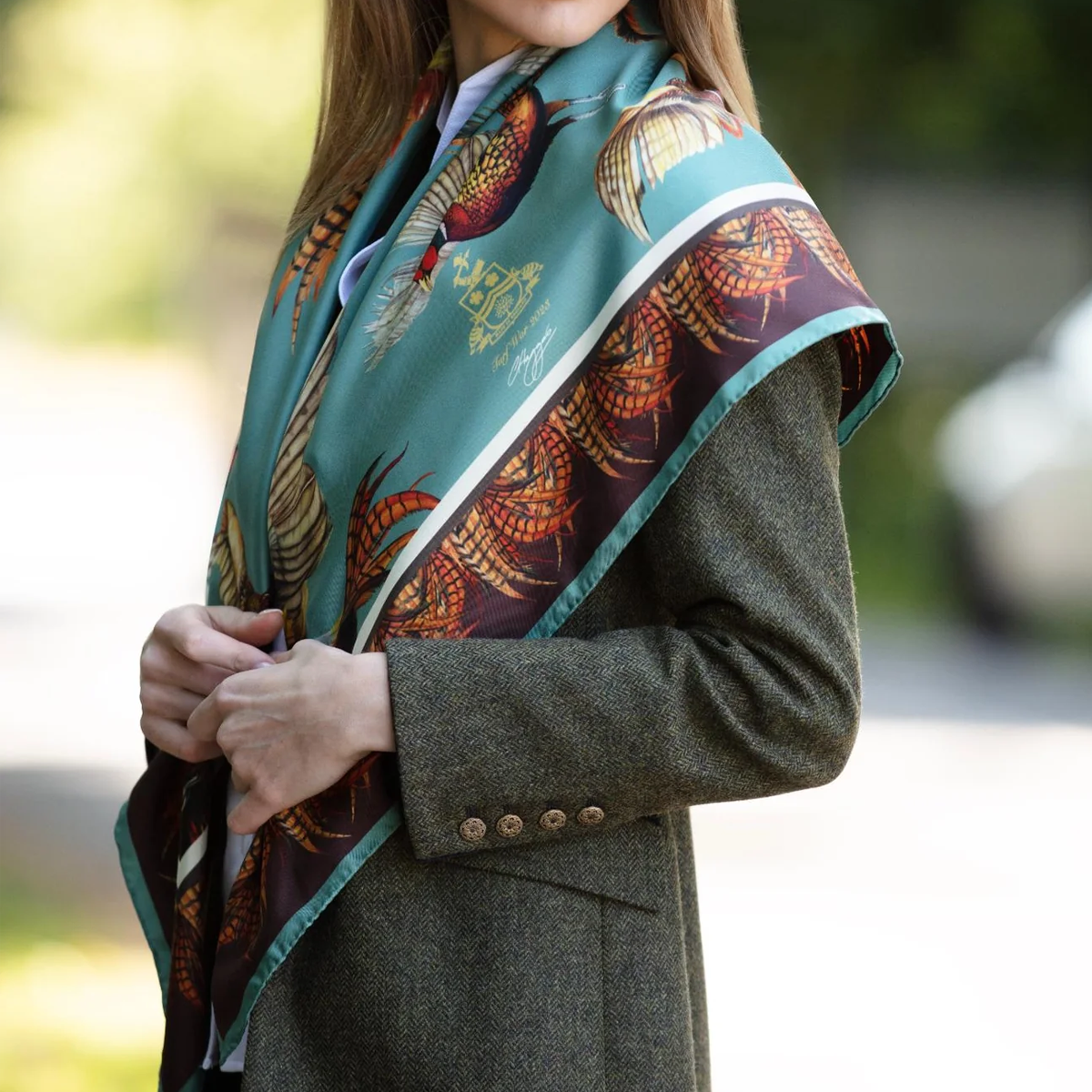 Clare Haggas Turf War Limited Edition 23" Large Square Silk Scarf - Duck Egg Blue & Chocolate - Image 3
