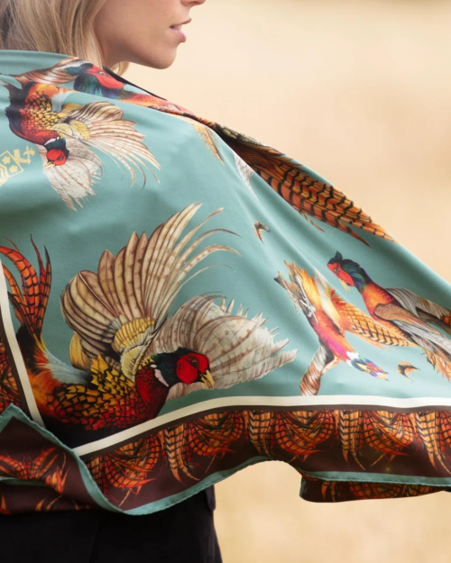 Clare Haggas Turf War Limited Edition 23" Large Square Silk Scarf - Duck Egg Blue & Chocolate