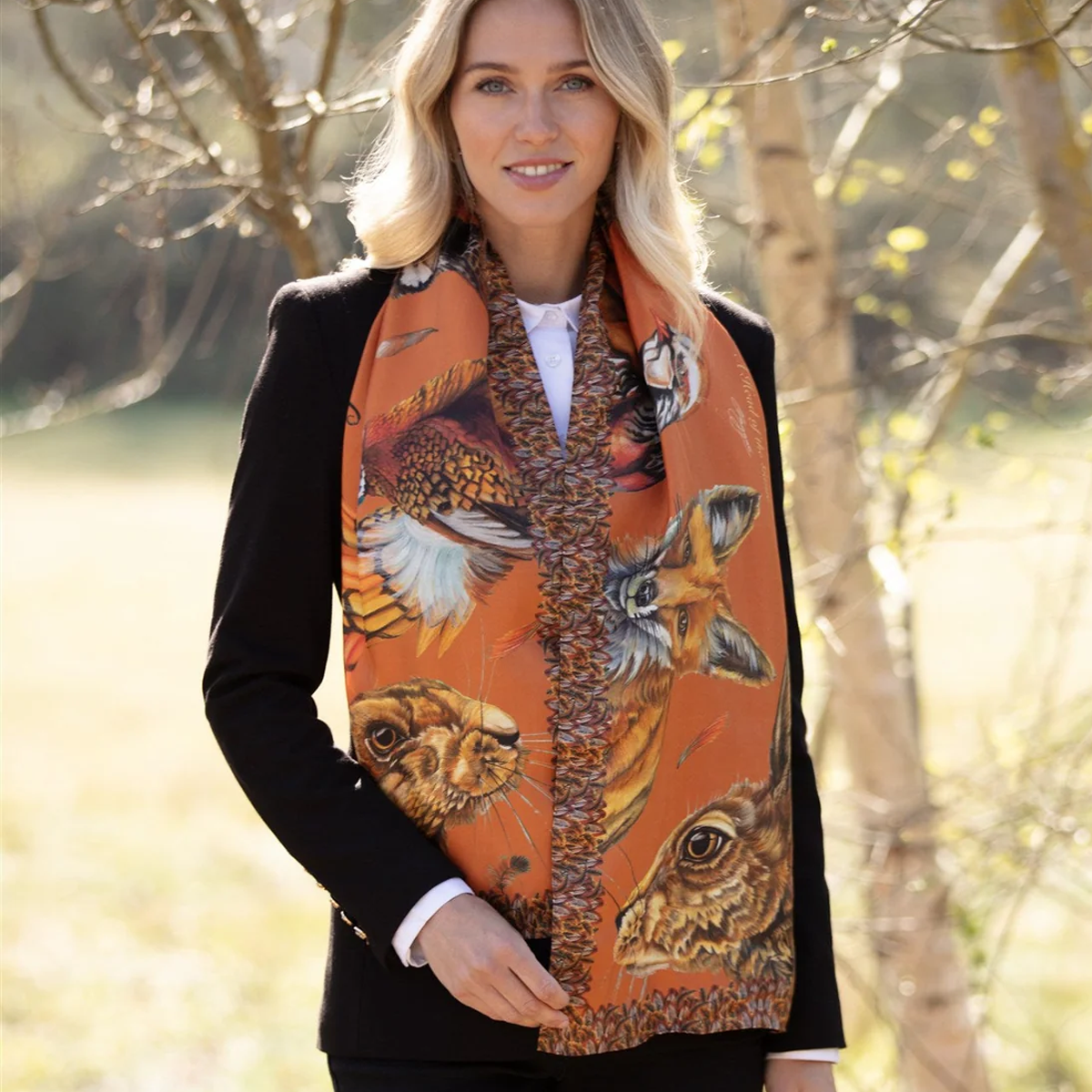 Clare Haggas A Head Of The Game Classic Silk Scarf - Burnt Orange - Image 2