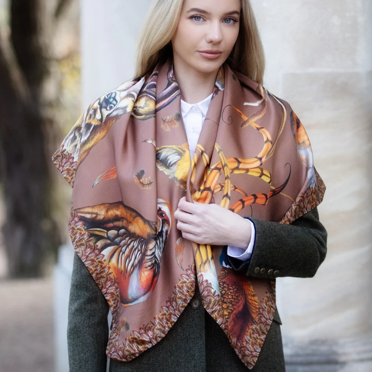 Clare Haggas A Head Of The Game Large Square Silk Scarf - Mocha - Image 3